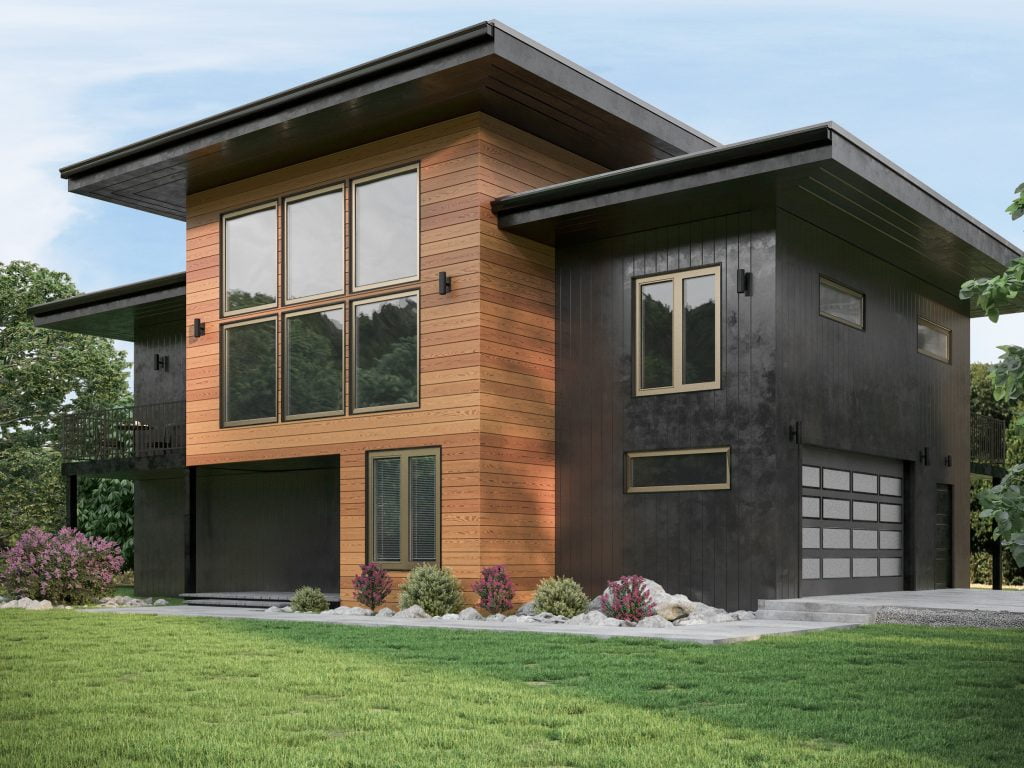 Energy efficient modern two-story house with a flat roof, featuring a mix of wood and dark metal siding