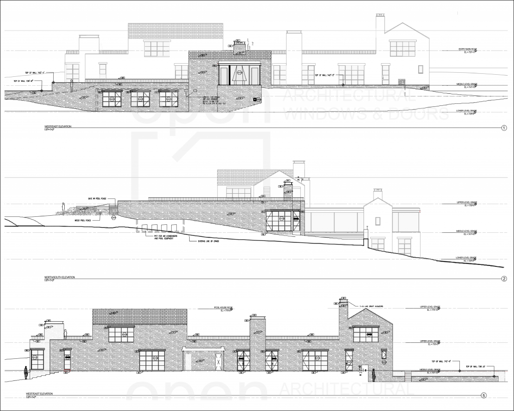 Architectural elevation drawings of a Bridgewater Connecticut modern residence showcase detailed front, side, and sectional views of the structure, the design features a combination of stone and glass elements, multiple rooflines, large windows, and integrated outdoor spaces, the elevation markings and annotations indicate floor levels, materials, and structural components, the house is set on a sloped terrain, with sections revealing subterranean levels and retaining walls.