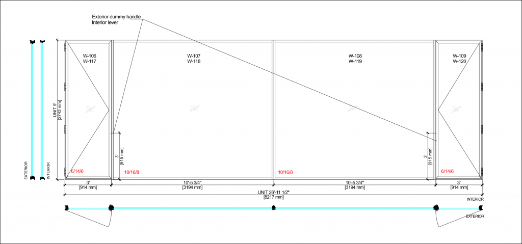 Technical drawing of a Bridgewater Connecticut glass door and window system with labeled components, dimensions, and specifications