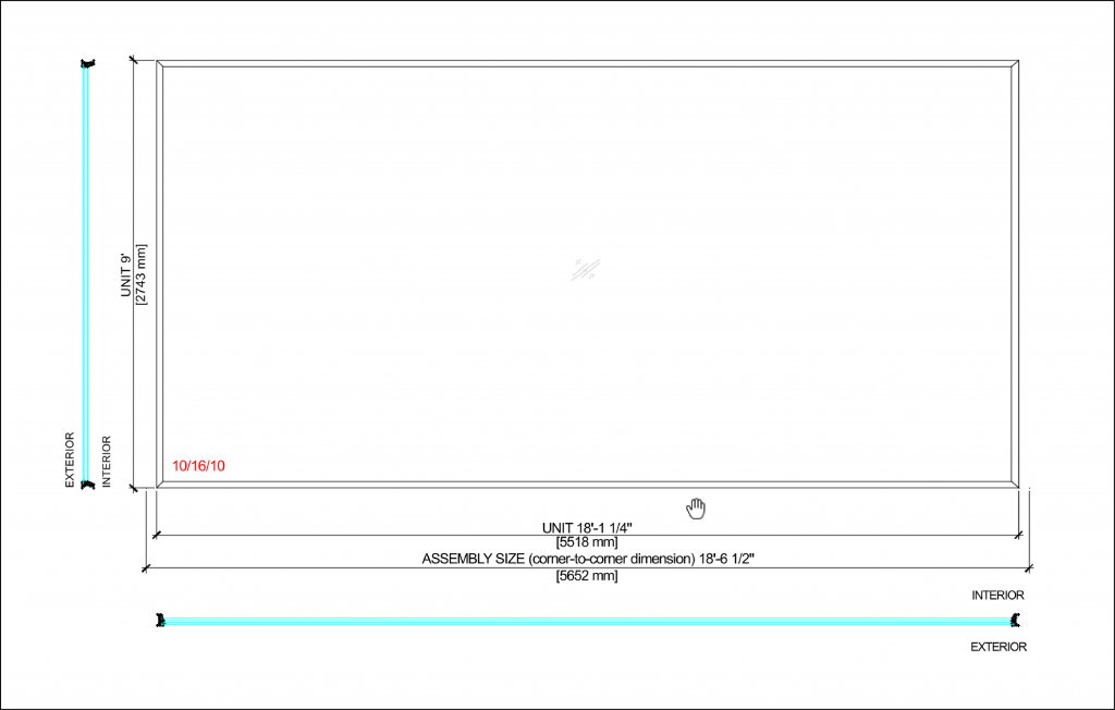 Technical drawing of Bridgewater Connecticut a large glass panel unit with labeled dimensions and specifications, the unit measures 9 feet (2743 mm) in height and 18 feet 1 1/4 inches (5518 mm) in width.