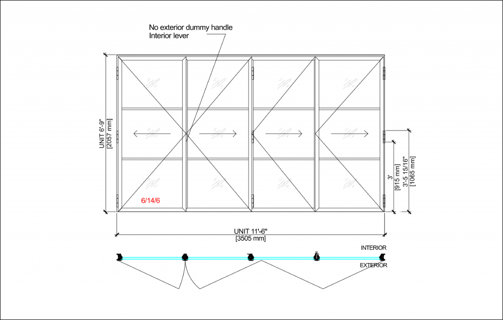 Technical drawing of a Bridgewater Connecticut  multi-panel folding glass door system with labeled dimensions and specifications, the unit is 6 feet 9 inches (2057 mm) in height and 11 feet 6 inches (3505 mm) in width.