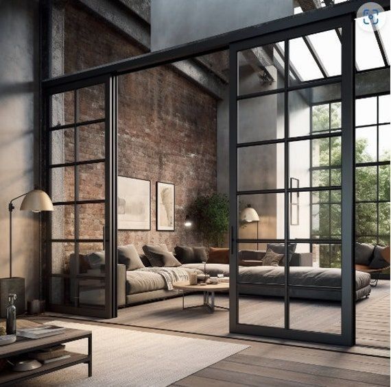 Large black-framed sliding glass doors with multiple panes separate the living area from the secondary lounge, allowing for an open-concept yet sectioned-off design, with natural light streaming in through the glass ceiling panels, enhancing the spaciousness and brightness of the room, the interior combines raw and refined materials, with exposed red brick walls, steel beams, and dark metal framing contributing to the loft-like aesthetic, while the furnishings, including a large plush sectional sofa adorned with neutral-toned cushions and throws, a sleek black metal coffee table, and warm ambient lighting from floor lamps, add a cozy and inviting contrast