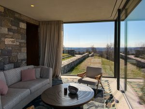 A cozy interior space with floor-to-ceiling glass walls offers a stunning panoramic view of the rolling landscape beyond, the room features a stone accent wall, a comfortable textured sofa with soft pink throw pillows, a round wooden coffee table with a sculpted surface, and a stylish armchair with wooden armrests.