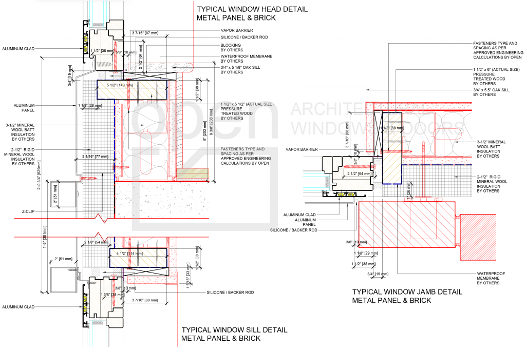 Technical details of windows and panels installation closer to the outer edge of the building structure.