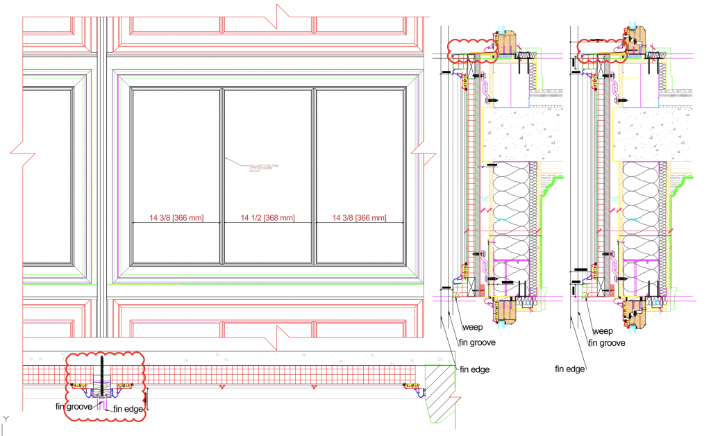 Highly detailed architectural window drawing displaying both an elevation and sectional view, with precise measurements of the glazed openings labeled in millimeters and inches, intricate wall construction layers shown in cross-section.